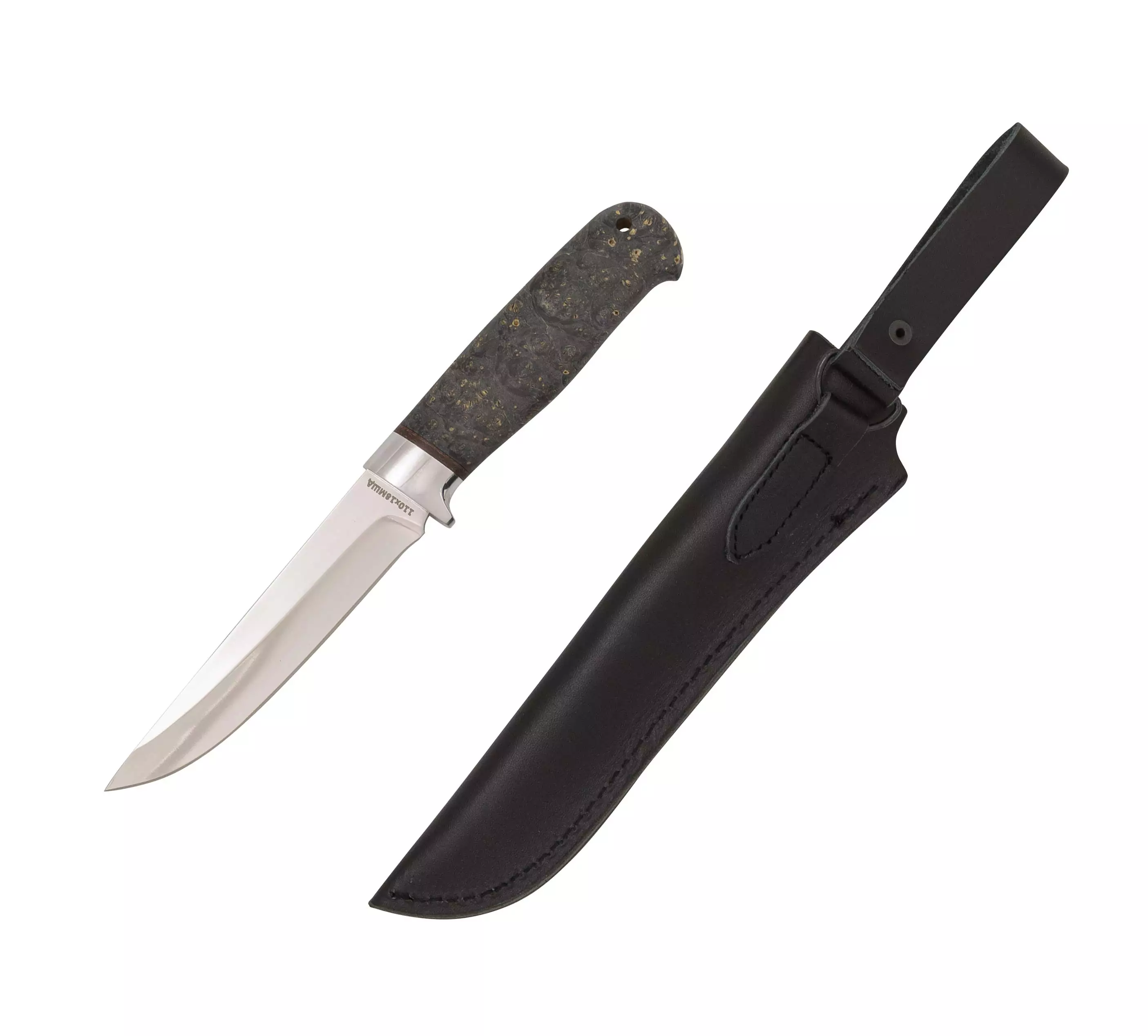 Нож Турист (сталь 110Х18МШД, Ручка кап клена стаб. Черный с Желтыми вкраплениямигарда ал) (3)